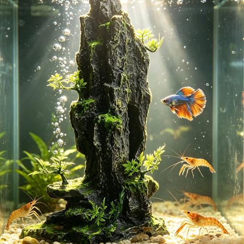 Saim Fish Tank Decorations, 14.4'' Tall Mountain View Stone Aquarium Ornament, Artificial Mountain Hill View Stone Rock Cave Fish Hiding Cave for Betta Amano Shrimp Cichlid to Play,Hide and Rest - A