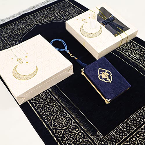 IEF Personalized Prayer Rug Quran Prayer Beads Islamic Gift Set, Ramadan Eid Wedding Birthday Mother's Day Father's Day Anniversary Day Gifts - color: Navy Blue with Bag