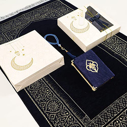 IEF Personalized Prayer Rug Quran Prayer Beads Islamic Gift Set, Ramadan Eid Wedding Birthday Mother's Day Father's Day Anniversary Day Gifts - color: Navy Blue with Bag
