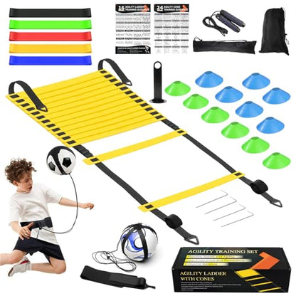 Speed Agility Training Equipment Set, Agility Ladder 20ft, 12 Football Cones, Resistance Parachute/Soccer Kick Trainer, Jump Rope, 5 Resistance Bands, Football Practice Equipment for Kids Adults - color: Set2 with Kick Trainer