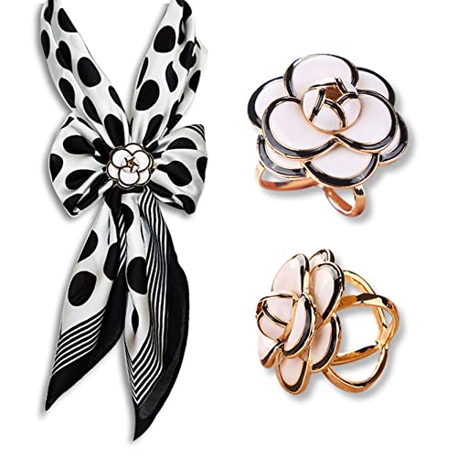 3pcs Fashion Scarf Ring Clip 3 Rings Silk Scarves Clip For Women Shawl Clip Buckle Gold Smooth Scarf Brooches Buckle - color: Camellia Flower