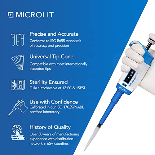 MICROLIT Single-Channel Pipettes with Adjustable Volume, Accurate and Calibrated Ergonomic Design Adjustable Micropipette for 20-200ul Liquid Capacity, Compatible with 200ul Pipette Tips - size: 20-200ul, style: Single-Channel