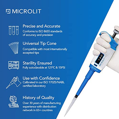 MICROLIT Single-Channel Pipettes with Adjustable Volume, Accurate and Calibrated Ergonomic Design Adjustable Micropipette for 20-200ul Liquid Capacity, Compatible with 200ul Pipette Tips - size: 20-200ul, style: Single-Channel