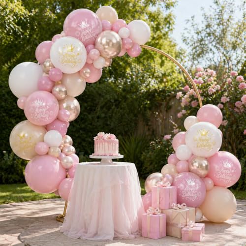 Dusty Pink Beige Gold Birthday Balloons for Women Girls, Double Stuffed Pearl Light Pink Dusty Rose Sand White Cream Printed Balloons with Metallic Light Gold Balloon for Boho Neutral Birthday Party - color: Dusty Pink White Birthday
