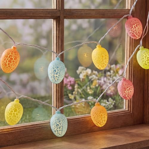 8.5Ft Easter Egg String Lights Outdoor, Easter Decorations String Lights with 10 LED Colorful Cracked Egg Lights Plug in, Hanging Pastel Easter Light for Spring Garland Party Yard Home Window Decor - color: Cracked Egg