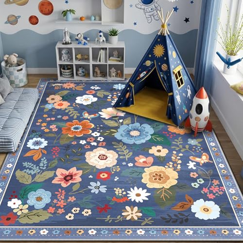 RELEANY Floral Washable 6x9 Area Rugs Blue/Grey - color: Blue/Grey, size: 6' x 9' (Rectangular)