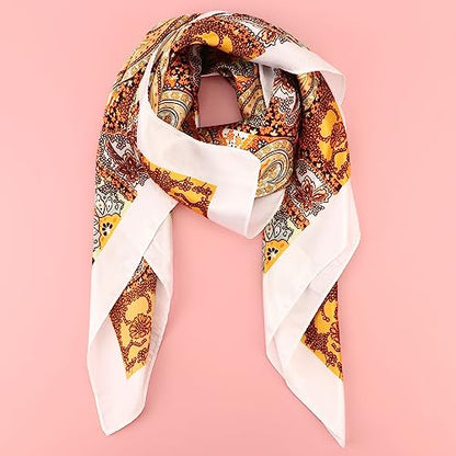 DRESHOW 35” Large Square Satin Head Scarf - 4Pcs Silk Accessories Classic Patterned Squares Beach Bandanas for Women - color: 4 Pcs: White, Beige, Ginger, Black