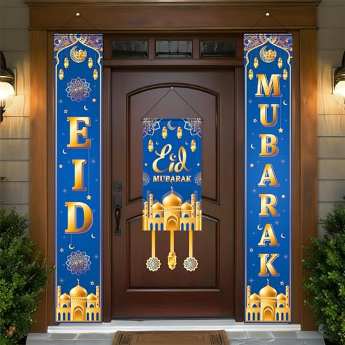 Eid Mubarak Porch Banner, 3Pcs Eid Door Sign Decorations for Home, Blue and Gold Muslim Ramadan Banners for Front Door, Indoor & Outdoor Decor - color: Blue and Gold