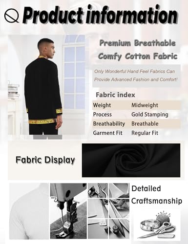 Mens African 2 Piece Set Nigerian Dashiki Metallic Traditional Suit Gold Stamp Printed Shirt and Pants Outfit - color: Black, size: Medium