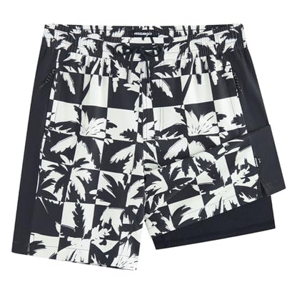 maamgic Mens Swim Trunks - Mens Bathing Suit with Compression Liner 7 Inch Quick Dry Fshion Stretch Zipper Pockets Swimwear - color: Black-black-coconut Tree, size: Small