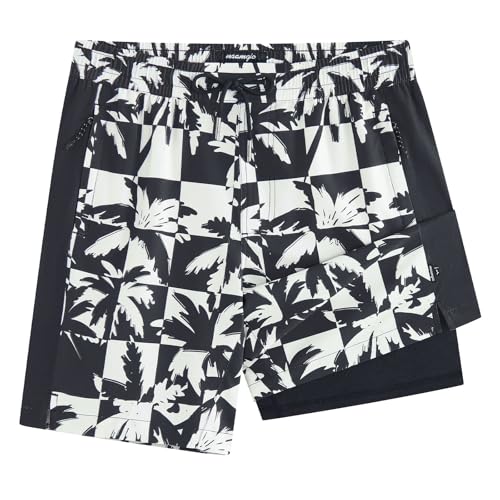 maamgic Mens Swim Trunks - Mens Bathing Suit with Compression Liner 7 Inch Quick Dry Fshion Stretch Zipper Pockets Swimwear - color: Black-black-coconut Tree, size: Large