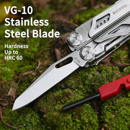 ROCKTOL Multitool SK04, VG-10 Blade, 22-in-1 Multi-tool Pliers with Fire Starter, Emergency Whistle, Glass Breaker, Safety Locking and Nylon Sheath for Survival, Camping, multi tool for men