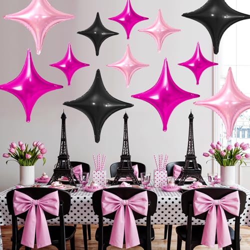 Hot Pink Black Star Balloons,12Pcs Four Angle Star Foil Balloons - color: Black Rose Red