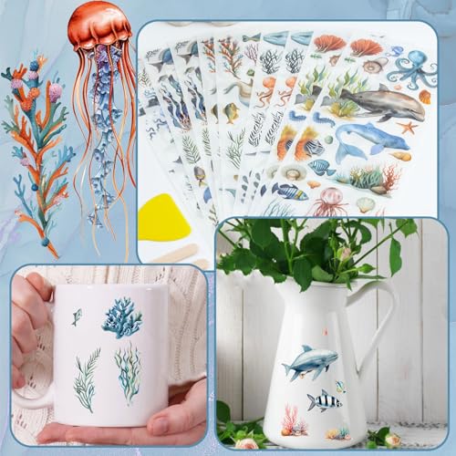 WANDIC 10 Sheets Rub On Transfer Sticker, Ocean Style Fish Pattern Stickers for DIY Scrapbooking Photo Albums Furniture,11.8 * 3.9in - color: Ocean