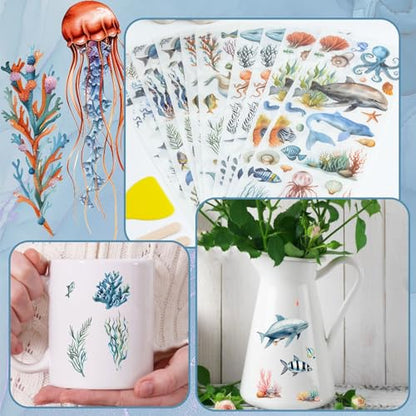 WANDIC 10 Sheets Rub On Transfer Sticker, Ocean Style Fish Pattern Stickers for DIY Scrapbooking Photo Albums Furniture,11.8 * 3.9in - color: Ocean