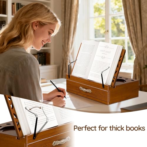 Adjustable Wooden Book Stand with Storage - Multi-Function Hands Free Book Holder for Books, Tablets & Recipes with Cup Slot, Pen Groove & Page Holder - Perfect Kitchen Counter & Gifts for Book Lovers
