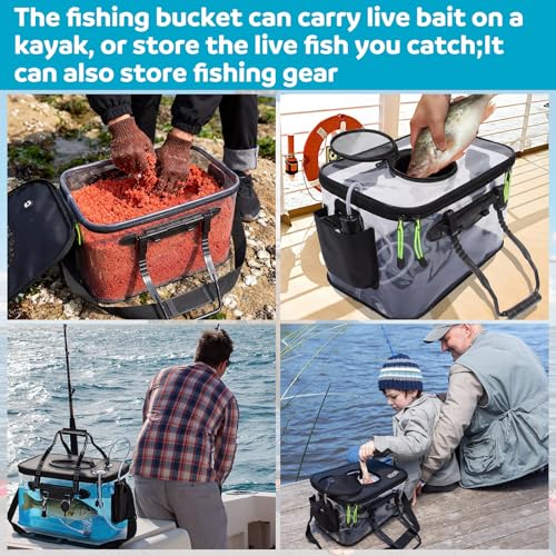 AceOrbit 5/7/8Gallon Foldable Fishing Bucket with Aerator | Live Bait Bucket and Dual Outlet Air Pump, Heavy Duty EVA Collapsible Fish Basket for Kayak, Ice Fishing, Camping & Travel - size: 7 Gallon
