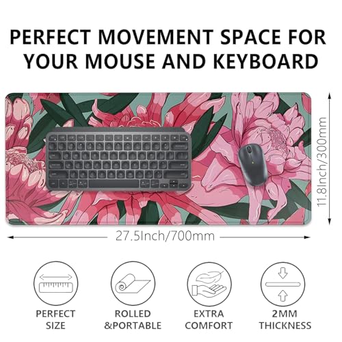 Pink and Red Flowers Desk Pad Mouse Pad,Large Gaming Floral Mouse Mat with Stitched Edges,Non-Slip Waterproof Rubber Base Mousepad for Office Work Home Desk Mat(27.5X11.8 in) - color: Pink Art Flowers
