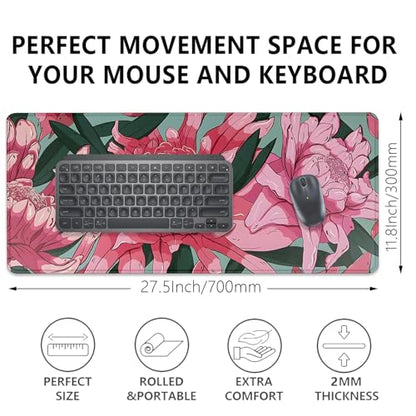 Pink and Red Flowers Desk Pad Mouse Pad,Large Gaming Floral Mouse Mat with Stitched Edges,Non-Slip Waterproof Rubber Base Mousepad for Office Work Home Desk Mat(27.5X11.8 in) - color: Pink Art Flowers