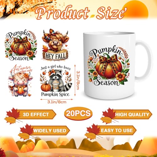 Fall UV DTF Stickers - 20 Sheets Autumn Ghost UV DTF Cup Wraps for 16 OZ Glass Mugs, Cute Pumpkin Skeleton Bow UVDTF Stickers, Cow Raccoon Rub on Transfer Decals for Water Bottles Tumblers - style: Fall