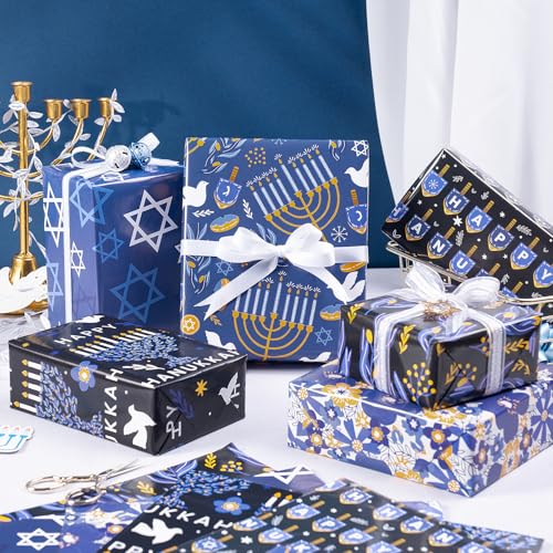 RUSPEPA Hanukkah Wrapping Paper Sheets, Menorah, Star of David, Dreidel and Floral Design, Blue and Gold Gift Wrap Perfect for Jewish Holiday Gifts and Christmas, 6 Folded Sheets, 19.68 X 27.5 Inch - color: Dark Blue Hanukkah