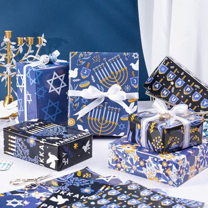 RUSPEPA Hanukkah Wrapping Paper Sheets, Menorah, Star of David, Dreidel and Floral Design, Blue and Gold Gift Wrap Perfect for Jewish Holiday Gifts and Christmas, 6 Folded Sheets, 19.68 X 27.5 Inch - color: Dark Blue Hanukkah