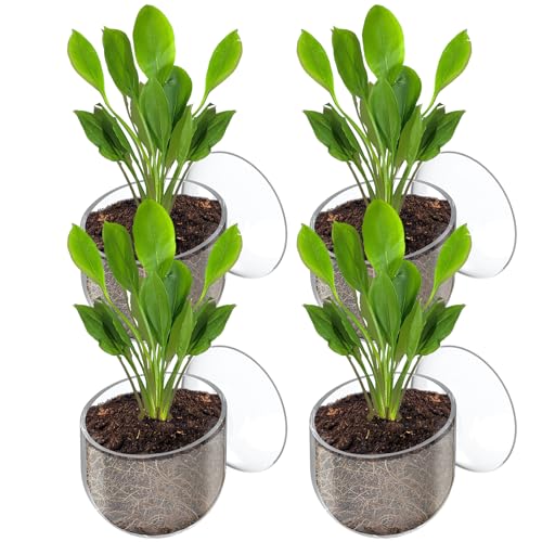 Pawfly Aquarium Plant Holder with Suction Cup, Clear Plastic Fish Tank Planting Holder, Fish Tank Plant Pot for Aquascape Decoration, Aquarium Planter Cup, 4 Pcs.