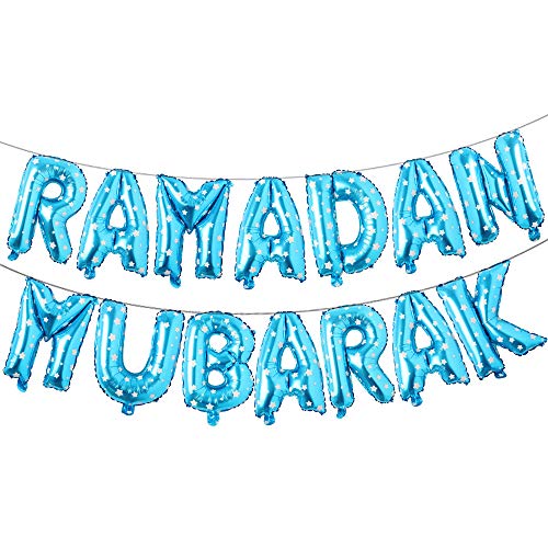 16 Inch Rose Gold Eid MUBARAK Foil Balloons - Party Decoration Supplies - Ramadan Decoration - Gold EID Balloons with Blue Star - color: Ramadan Blue Star