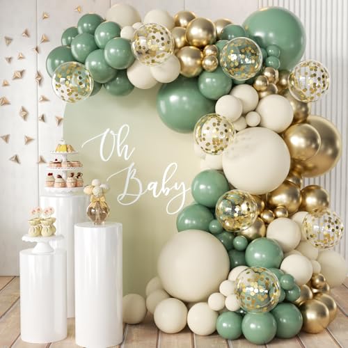 MEBAY Sage Green White Gold Balloon Arch Kit, 166Pcs Sage Green White Sand Gold Metallic and Gold Confetti Balloons Garland for Baby Shower Gender Reveal Wedding Jungle Safari Party Decoration - color: Sage Green-white Sand