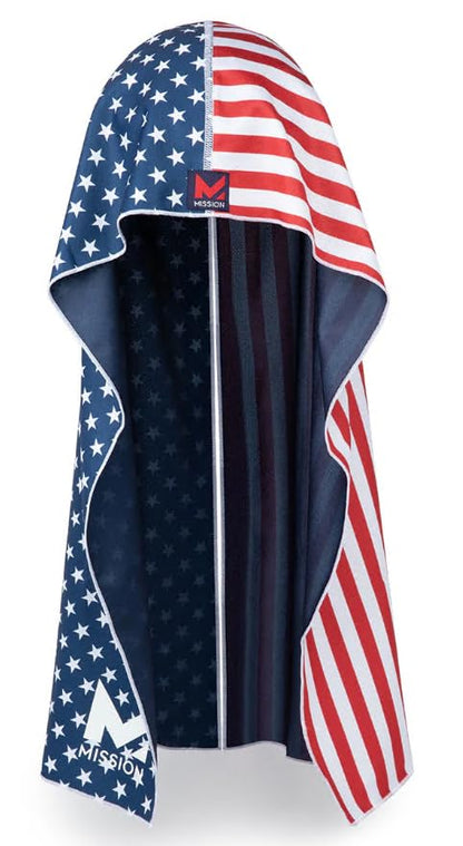 MISSION Cooling Hoodie Towel, Evaporative Cool Technology, Cools Instantly When Wet, UPF 50 Sun Protection, Contours Your Head to Stay in Place, Great for Sports, Fitness, Gym - color: Usa Flag