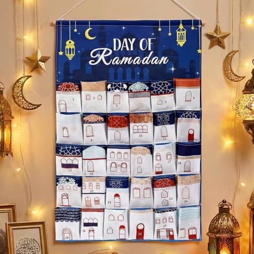 Fanfanwin Ramadan Countdown Calendar Fabric 30 Days Mystery Eid Countdown Calendar House Design Ramadan Wall Decor with 30 Pockets Blue Eid Mubarak Poster Gift for Home Wall Decor