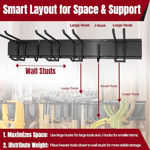 99" Garage Tool Organizer Wall Mount, 28 Pack Heavy Duty Wall Mount Garage Storage Rack Carries1000 lbs, Metal Wall Mount Tool Hanger for Shovels, Rakes, Fits 16" Wall Studs (6 Panels) - size: 99" | 6 Panels+18 Hooks+4 Straps