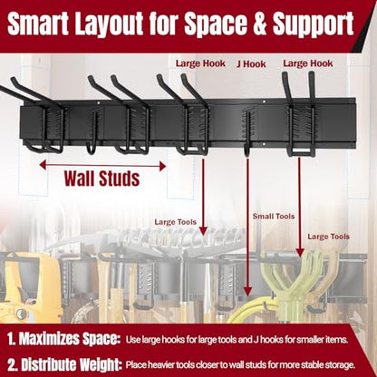66" Garage Tool Organizer Wall Mount,20 PCS Wall Mounted Garden Tool Storage Rack Carries 720lbs, 4-Panel Steel Tool Hanger System for Shovels Rakes Brooms – Fits 16" Wall Studs - size: 66" | 4 Panels+12 Hooks+4 Straps