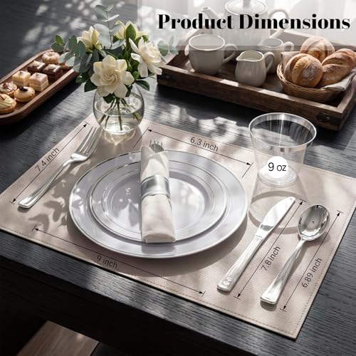 WDF Partyware 350Piece Silver Plastic Dinnerware Set for 50 Guests - Silver Plastic Plates with Cutlery Include:50Dinner Plates-50Dessert Plates-50Pre Rolled Napkins with Silverware Party Wedding - color: White and Silver, size: 350
