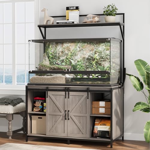 VOWNER 48"x24" Reptile Tank Stand with Power Outlet & Storage Cabinet, Grey | Fits up to 120 Gallon Bearded Dragon Tank, Sliding Barn Doors, Heavy Duty Aquarium Stand, Reptile Turtle Terrarium Stand - color: Grey
