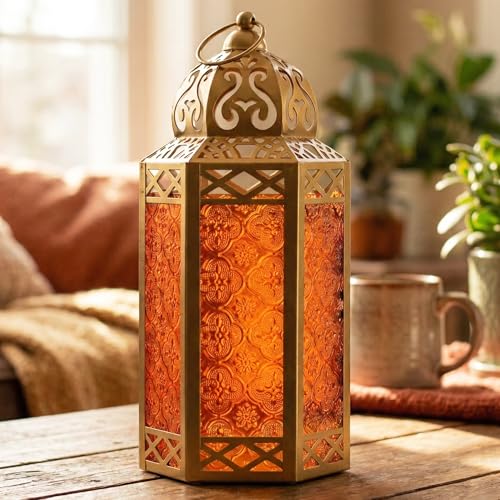 Vela Lanterns 12" Metal Moroccan Decorative Candle Lantern Holders for Hanging or Table, Indoor Home Decor, Outdoor Patio or Porch, Weddings, Gold, Amber Glass, Large - color: Gold/Amber, size: Large