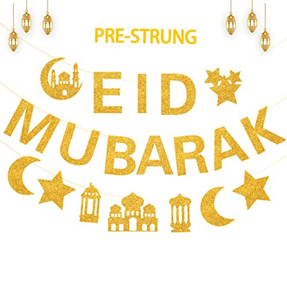 Glitter Eid Mubarak Banner with Gold Moon Star Eid Hanging for Islam Party Decorations No DIY Required