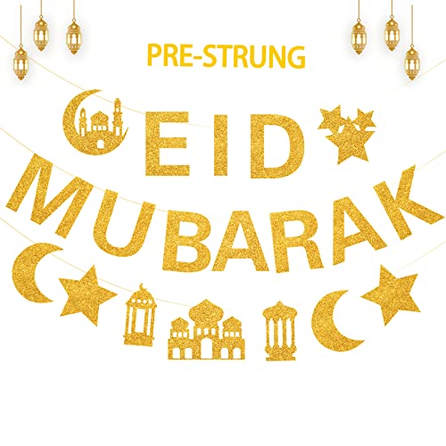 Glitter Eid Mubarak Banner with Gold Moon Star Eid Hanging for Islam Party Decorations No DIY Required