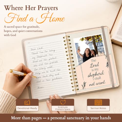 Hardcover Blank Christian Notebook – 140 Pages – Psalm 23:1 | Lined Pages with Bible Verse Cover – Inspirational Writing Spiral Notebook for Bible Study, "Lord is my Shepherd" - color: Shepherd_Cream