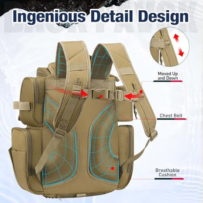 Piscifun Fishing Tackle Backpack with 2 Rod Holders, 4 Boxes & Rain Cover | Multi-pocket storage, fits 3600/3700 trays, bottle holder, padded straps for bank fishing - color: Khaki