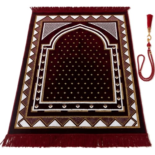 Velvet Muslim Prayer Mat Set, Soft Salah Rug, Islamic Gift for Men & Women (RED) - color: Red