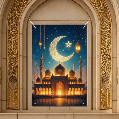 HOMETITUTE Eid Mubarak Window Banner Crescent Moon Backdrop 31x47 Fabric - color: colorful4