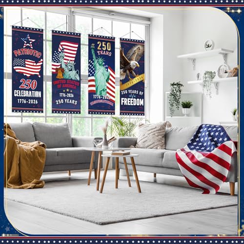 Panelee 4 Pcs 250th Anniversary Banner Decoration Patriotic American Flag Porch Banner 250th Anniversary Hanging Backdrop for Independence Day 4th of July Wall Indoor Outdoor Decor - style: 250th