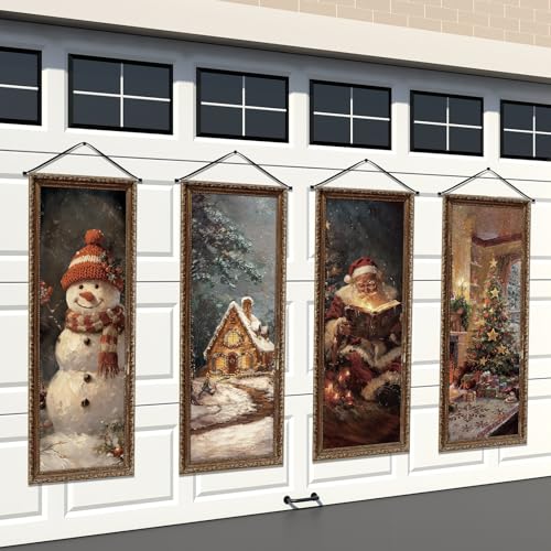 Panelee 4 Pcs Vintage Christmas Porch Banners Retro Snowman Santa Winter Rustic Xmas Tree Stretching Portraits Wall Decorations Christmas Porch Sign Backdrop for Xmas Indoor Outdoor Wall Hanging Decor - style: Vintage
