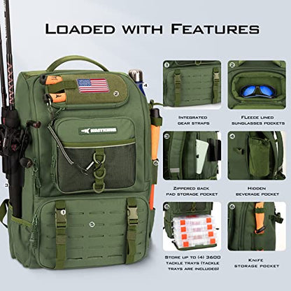 KastKing KarryAll Fishing Backpack with Rod Holder 4 Tackle Boxes, 40/26L | Tackle Bag Storage Fishing Gear and Equipment, Water‑Resistant Material, Fishing Gift for Men - color: C: Large (40 L) - Green