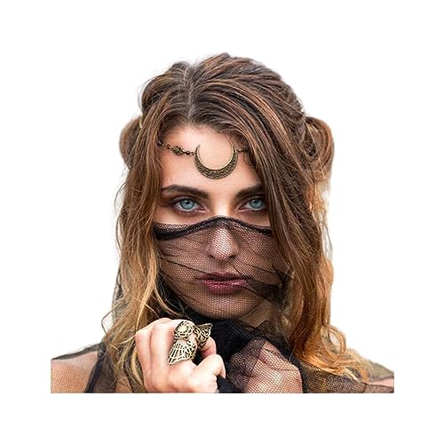 Aimimier Viking Crystal Head Moon Circlet Headpiece Crescent Forehead Chain Halloween Crystal Headband Prom Hair Jewelry for Women (Retro Gold)