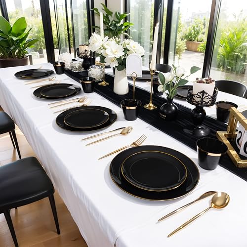 MirthMood 350Pcs Black and Gold Disposable Plates,Black Plates, Black and Gold Plates Include 30 Dinner,Dessert Plate,30 Cup&30 Napkins, 90 Gold Silverware for Wedding & Party & Birthday - color: Black, size: 350