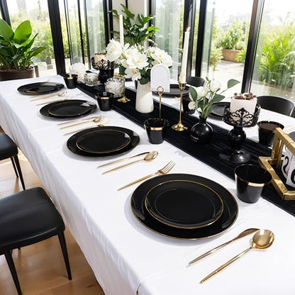 MirthMood 350Pcs Black and Gold Disposable Plates,Black Plates, Black and Gold Plates Include 30 Dinner,Dessert Plate,30 Cup&30 Napkins, 90 Gold Silverware for Wedding & Party & Birthday - color: Black, size: 350