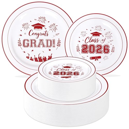 100 Pcs Graduation Plastic Plates,2026 Red Graduation Disposable Plates for 50 Guests,50 Dinner Plates 10 inch & 50 Dessert Plates 7 inch for Party,Holiday - color: Red