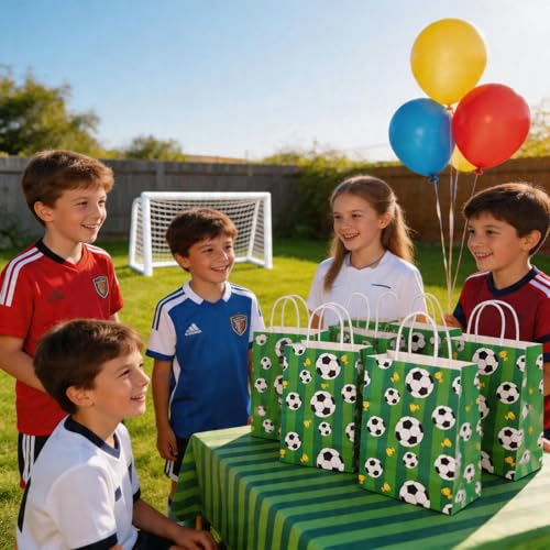 LAOREI 12 Pcs Soccer Goodie Bags, Green Soccer Party Favor Bags with Handles, Paper Gift Bags Soccer Themed Party Gift Bags for Birthday Party Soccer Party Supplies - color: Green